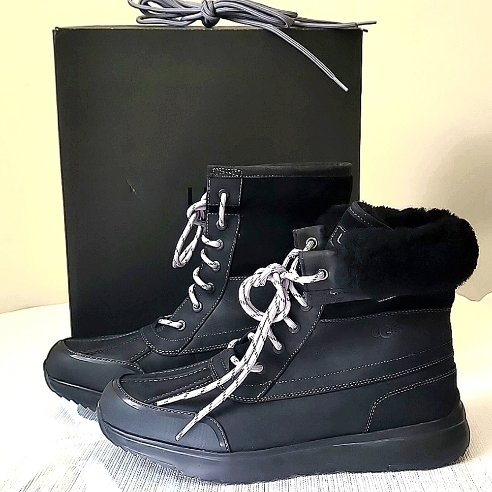 UGG ELIASSON BLACK WATERPROOF LEATHER WINTER BOOTS, MEN US 11